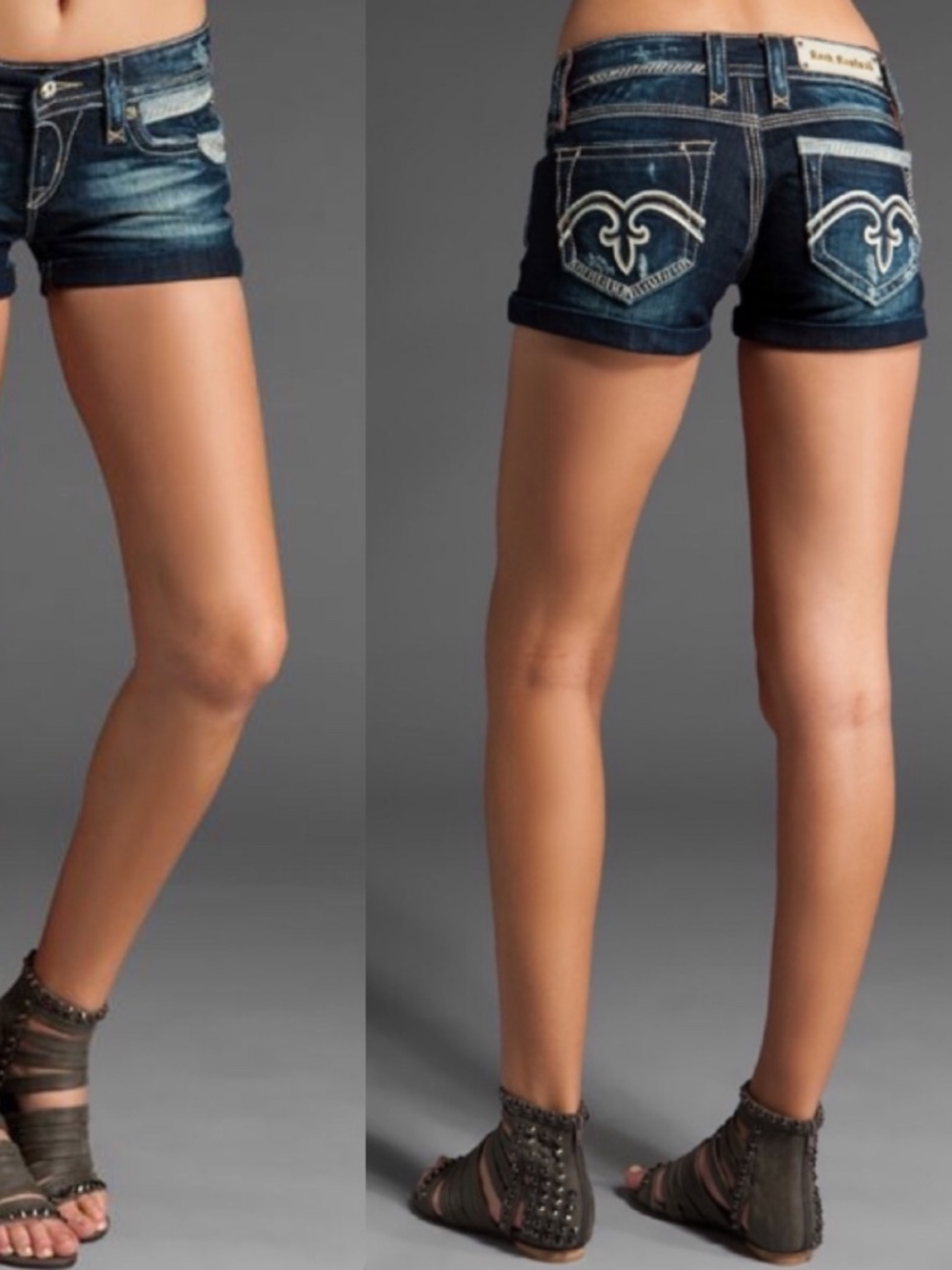 Rock Revival Alanis Shorts Denim Fleur De Lis Back Pocket Dark Wash Sz 30